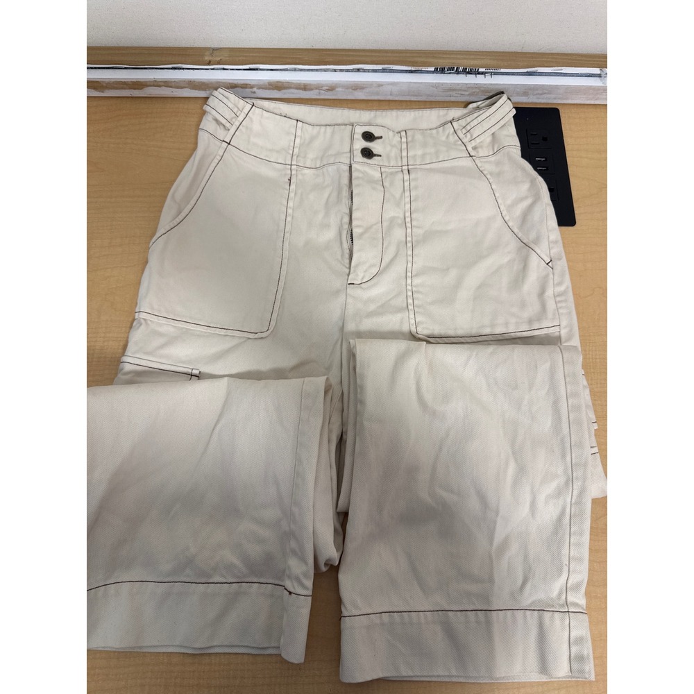 Nicole Miller New York Cream Utility Pants Contrast Stitch Wide Leg Size 2